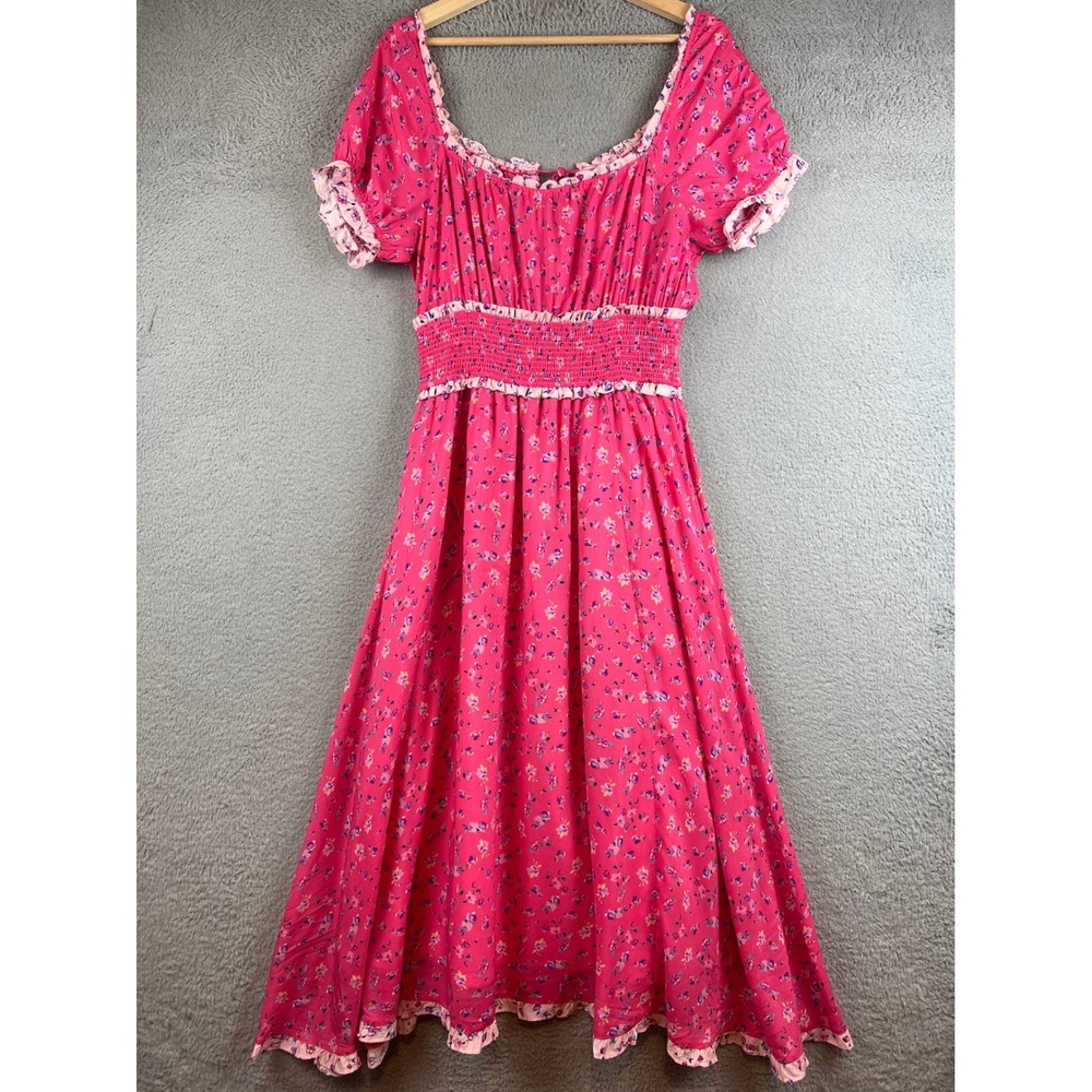 Betsey Johnson Pink Floral Smocked Waist Midi Dress Ruffle Puff Sleeve Womens M